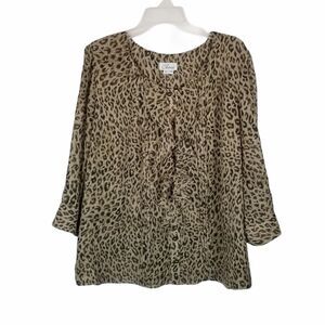 CHAUS ANIMAL PRINT BLOUSE W/RUFFLE DOWN FRONT.